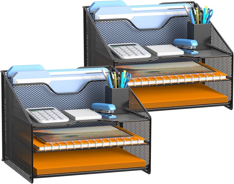 Samstar 2 Pack Mesh Desk File Organizer Letter Tray Holder, Desktop File Folder Holder with 3 Paper Trays and 2 Vertical Upright Section, Black - Image 1